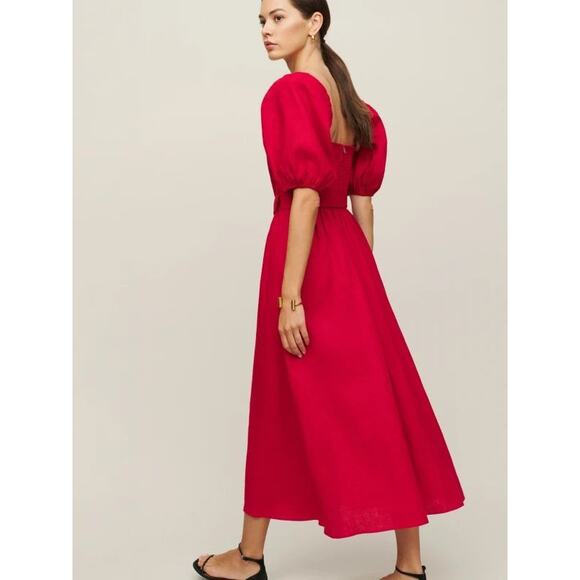 Reformation 100% Linen Red Zipper Smock Puffy Sleeve Sweetheart Neck Dress Sz 0 - Picture 12 of 12